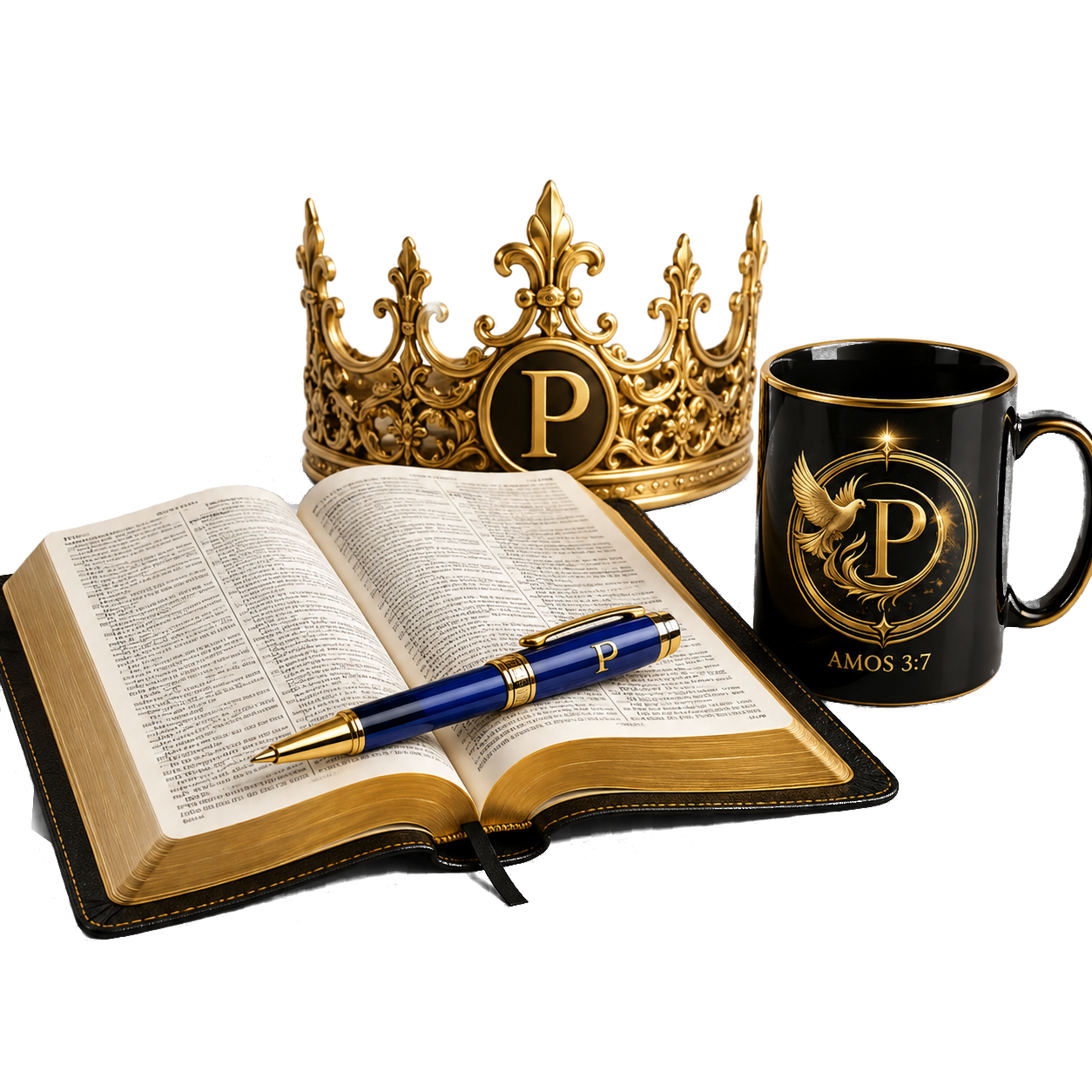 Pneuma signature Bible, crowned P, royal blue pen, and Amos 3:7 mug